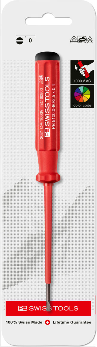 PB Swiss 5100.0-80 Classic VDE 0.4 x 2.5mm Slotted Screwdriver in Skin Pack