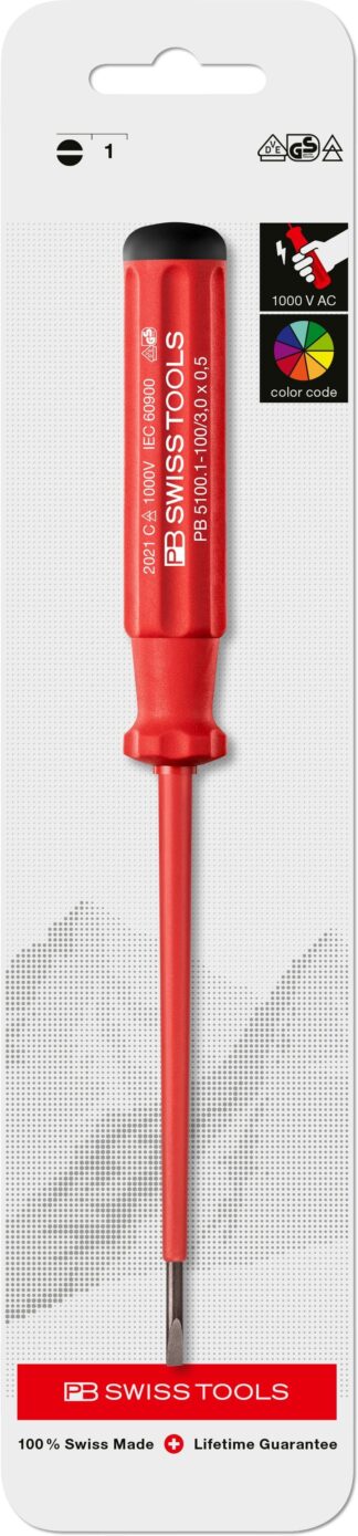 PB Swiss 5100.1-100 Classic VDE 0.5 x 3mm Slotted Screwdriver in Skin Pack