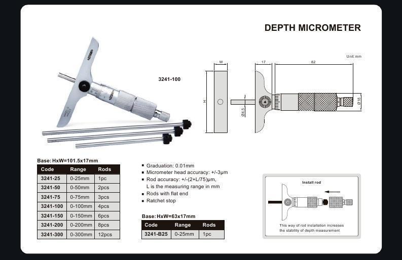 Graduation 0.01 mm 0 mm-200 mm INSIZE 3241-200 Depth Micrometer Base 101.5 mm x 17 mm 